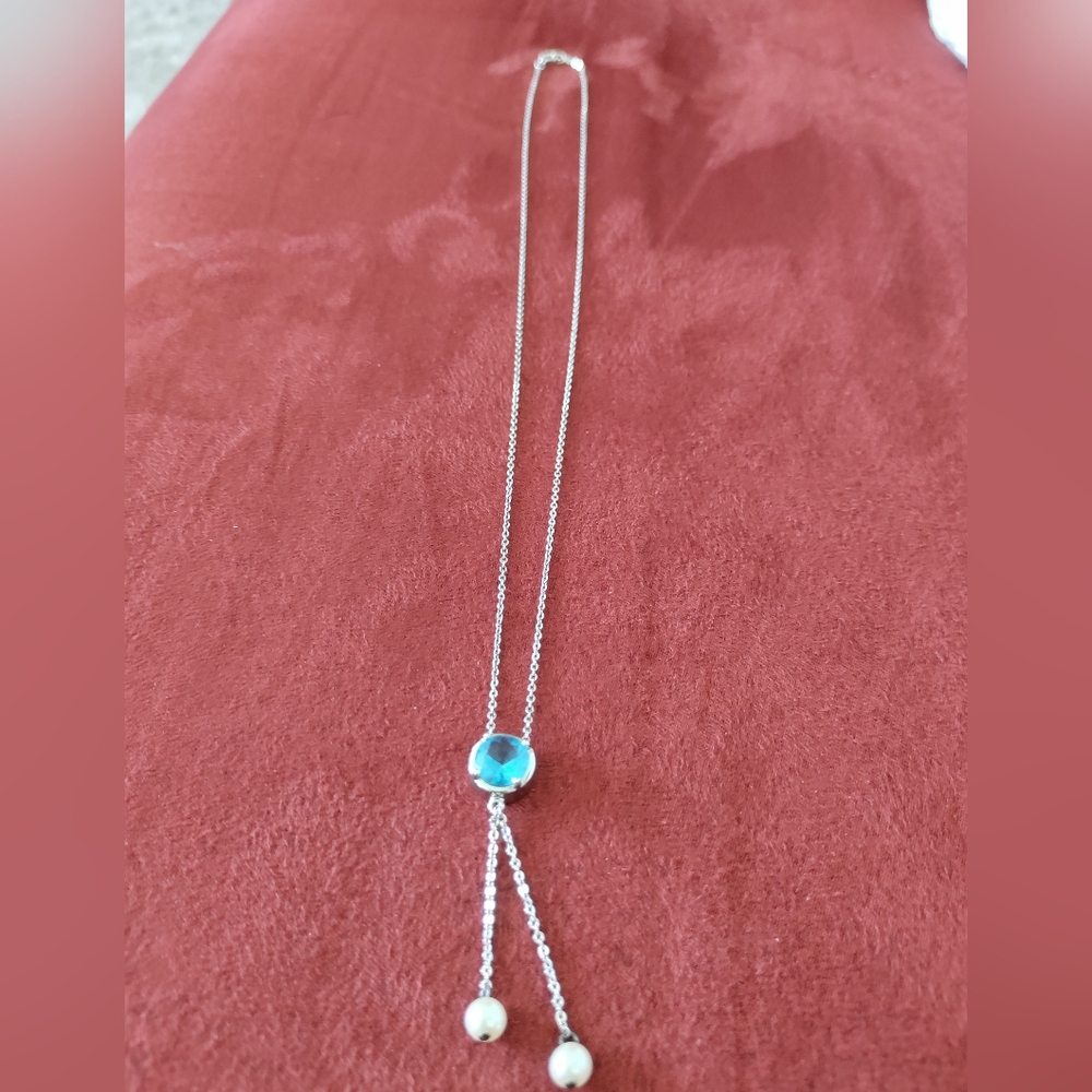 Beauty & Health STERLING SILVER .925 LIGHT BLUE STONE & PEARLS NECKLACE .Very Ni